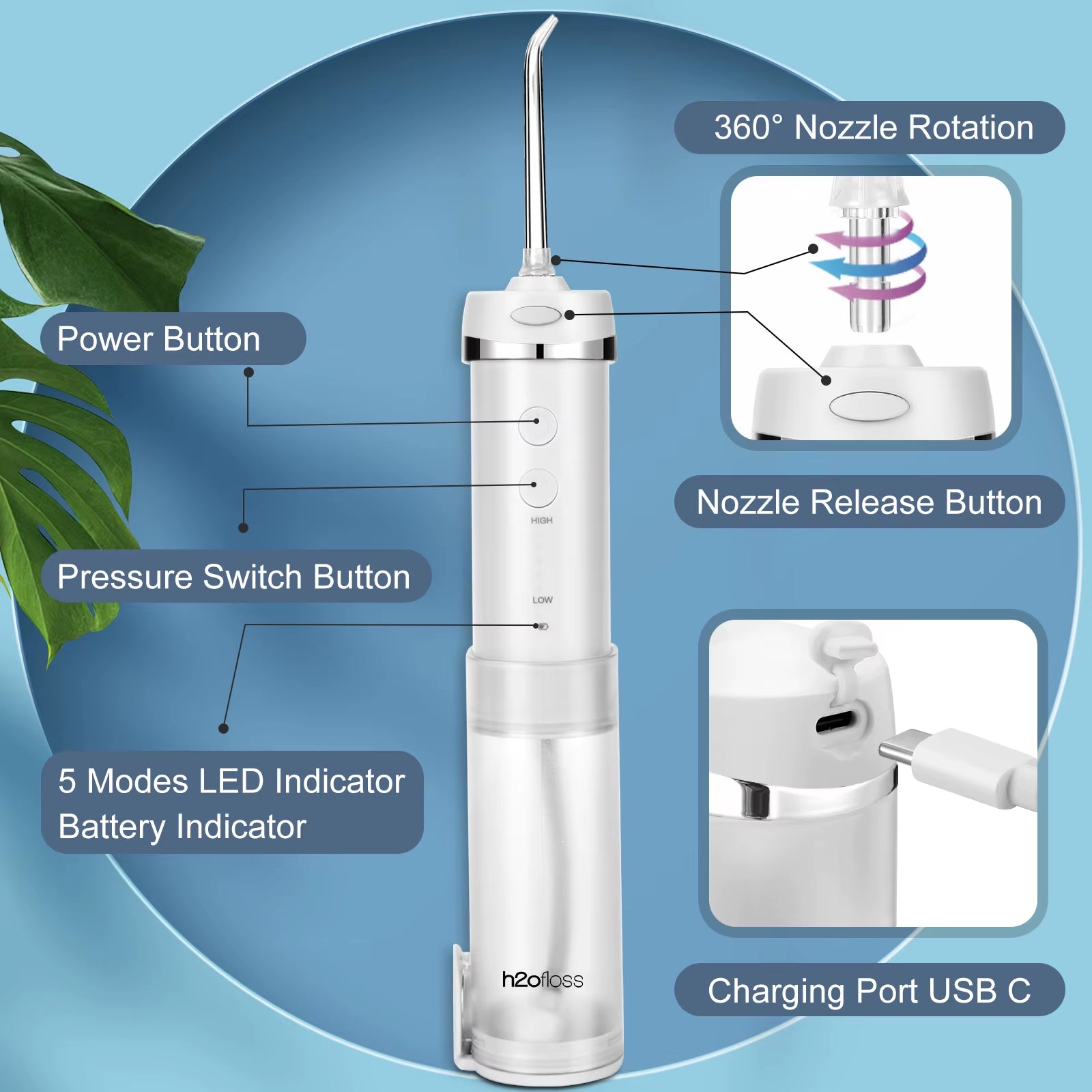 H2Ofloss Best Selling Customized 5 Nozzles Type C Charging Home Use Mini Tooth Cleaner Oral Irrigator Water Flosser
