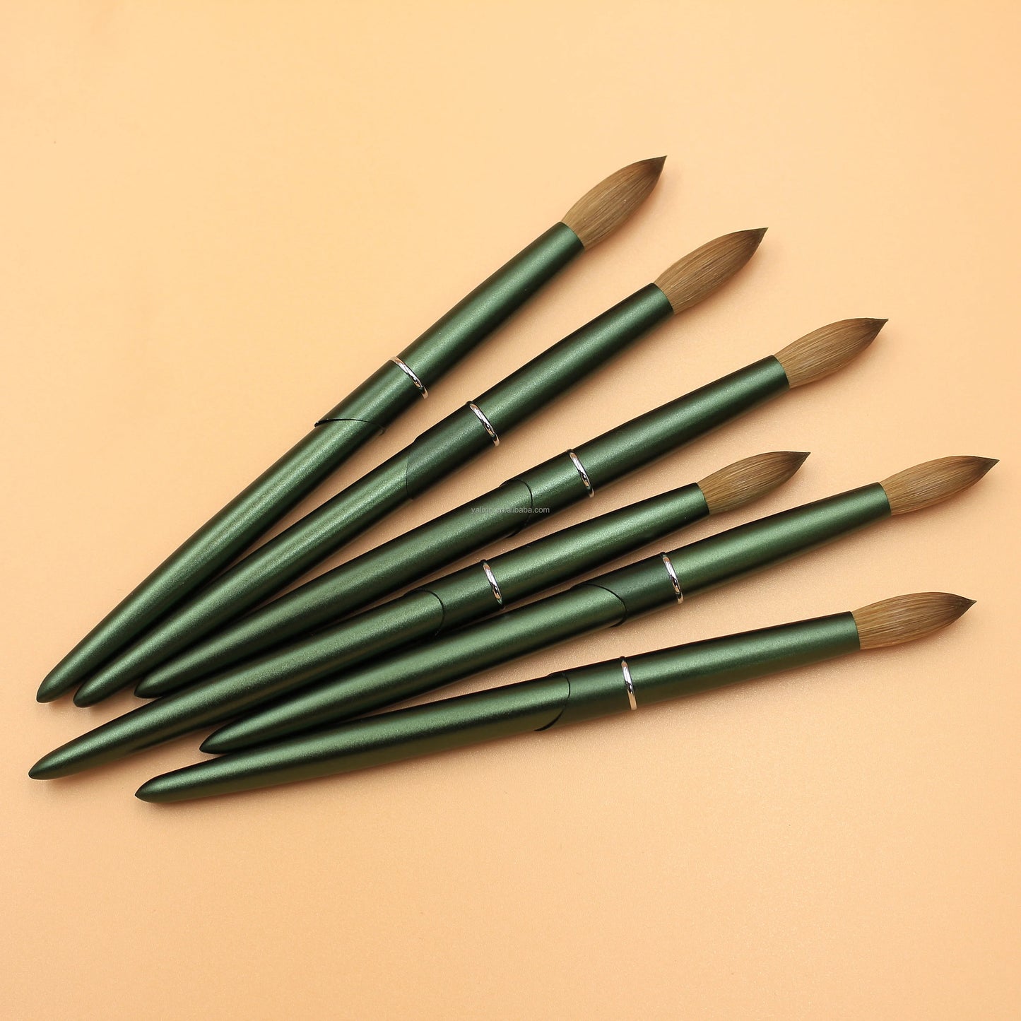100% Pure Kolinsky Acrylic Nail Brush Custom Logo Matte Green Metal Handle round Crimped Head Nail Brushes for Acrylic Manicure