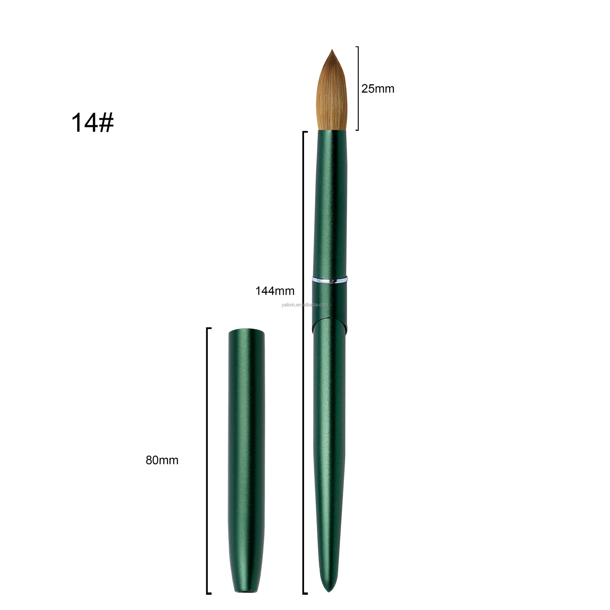 100% Pure Kolinsky Acrylic Nail Brush Custom Logo Matte Green Metal Handle round Crimped Head Nail Brushes for Acrylic Manicure