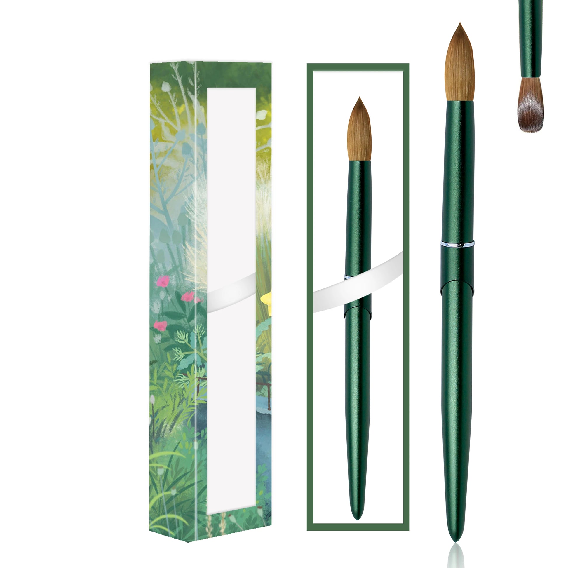 100% Pure Kolinsky Acrylic Nail Brush Custom Logo Matte Green Metal Handle round Crimped Head Nail Brushes for Acrylic Manicure