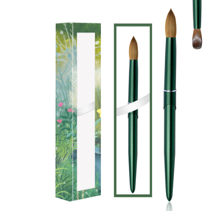 100% Pure Kolinsky Acrylic Nail Brush Custom Logo Matte Green Metal Handle round Crimped Head Nail Brushes for Acrylic Manicure