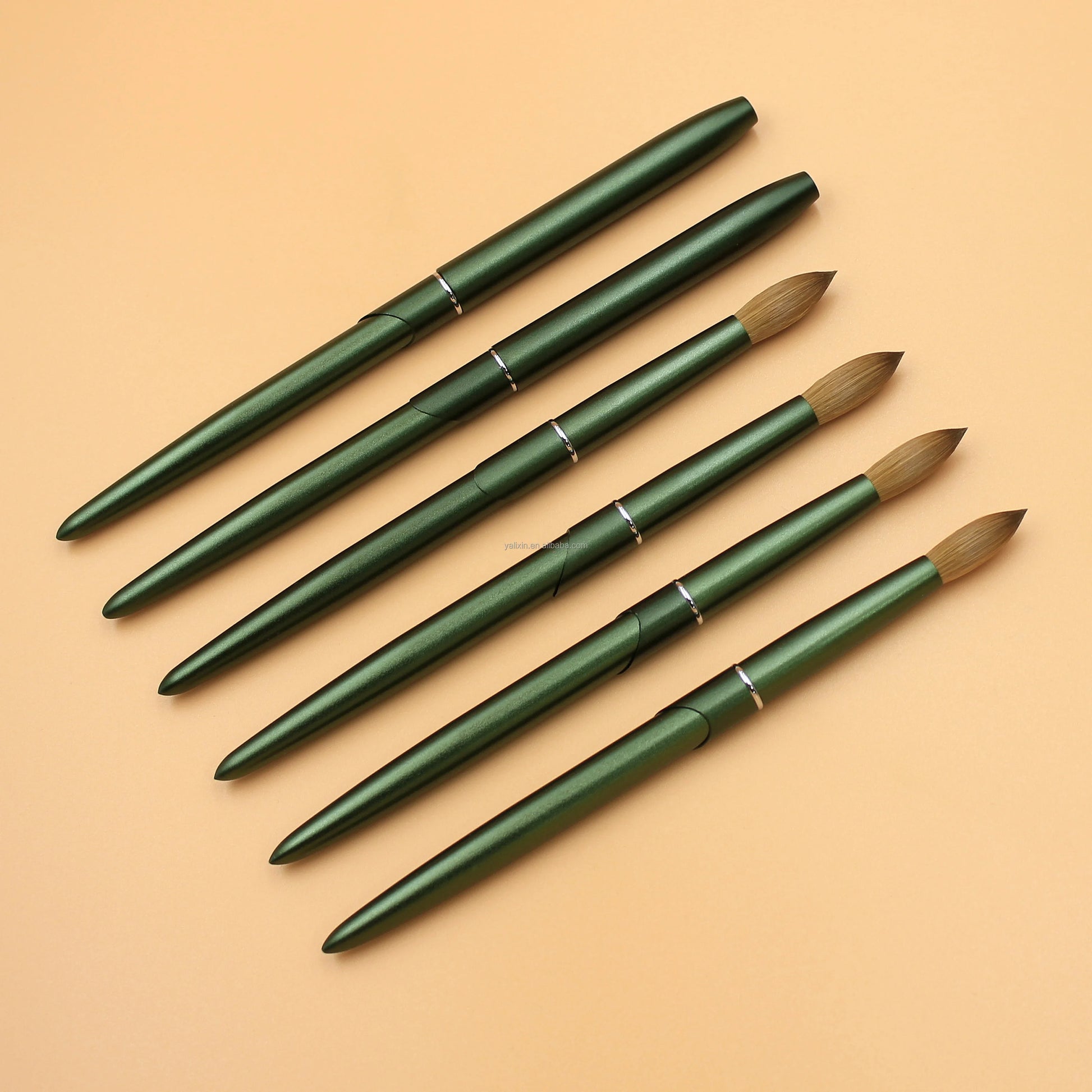 100% Pure Kolinsky Acrylic Nail Brush Custom Logo Matte Green Metal Handle round Crimped Head Nail Brushes for Acrylic Manicure