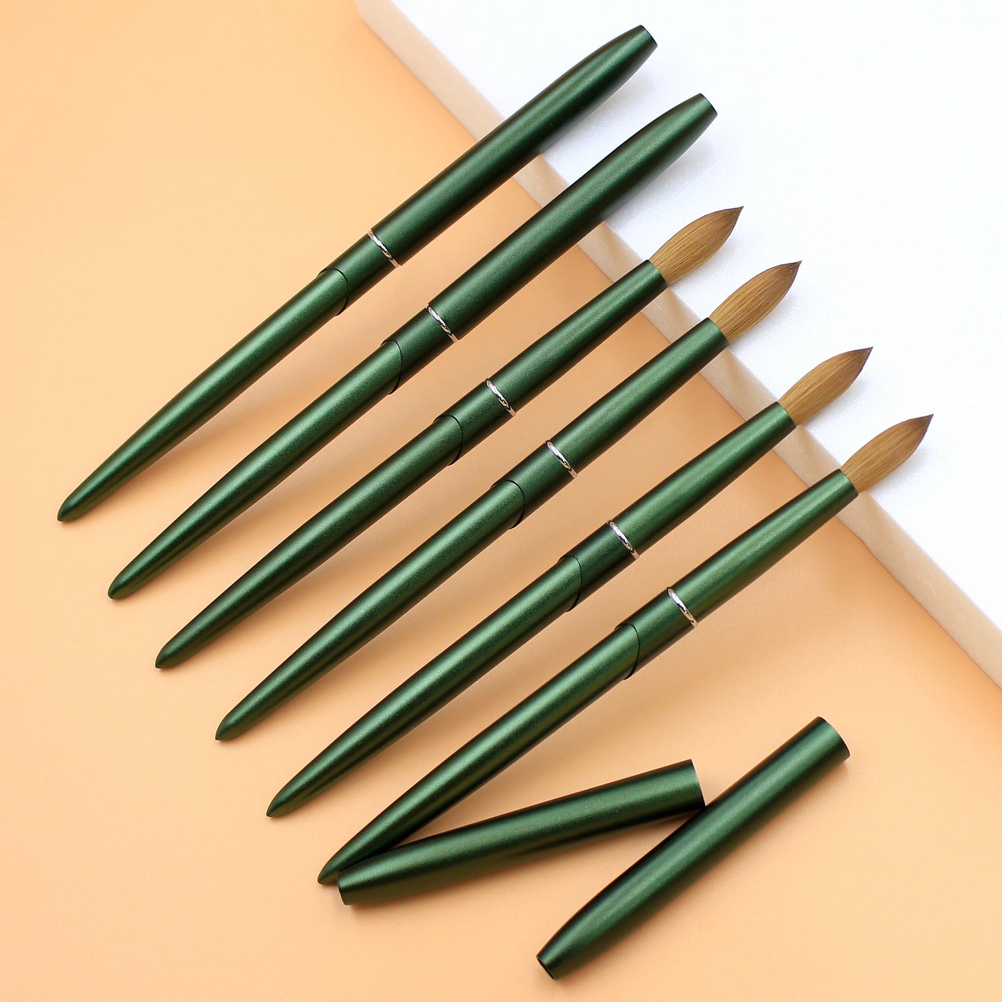 100% Pure Kolinsky Acrylic Nail Brush Custom Logo Matte Green Metal Handle round Crimped Head Nail Brushes for Acrylic Manicure