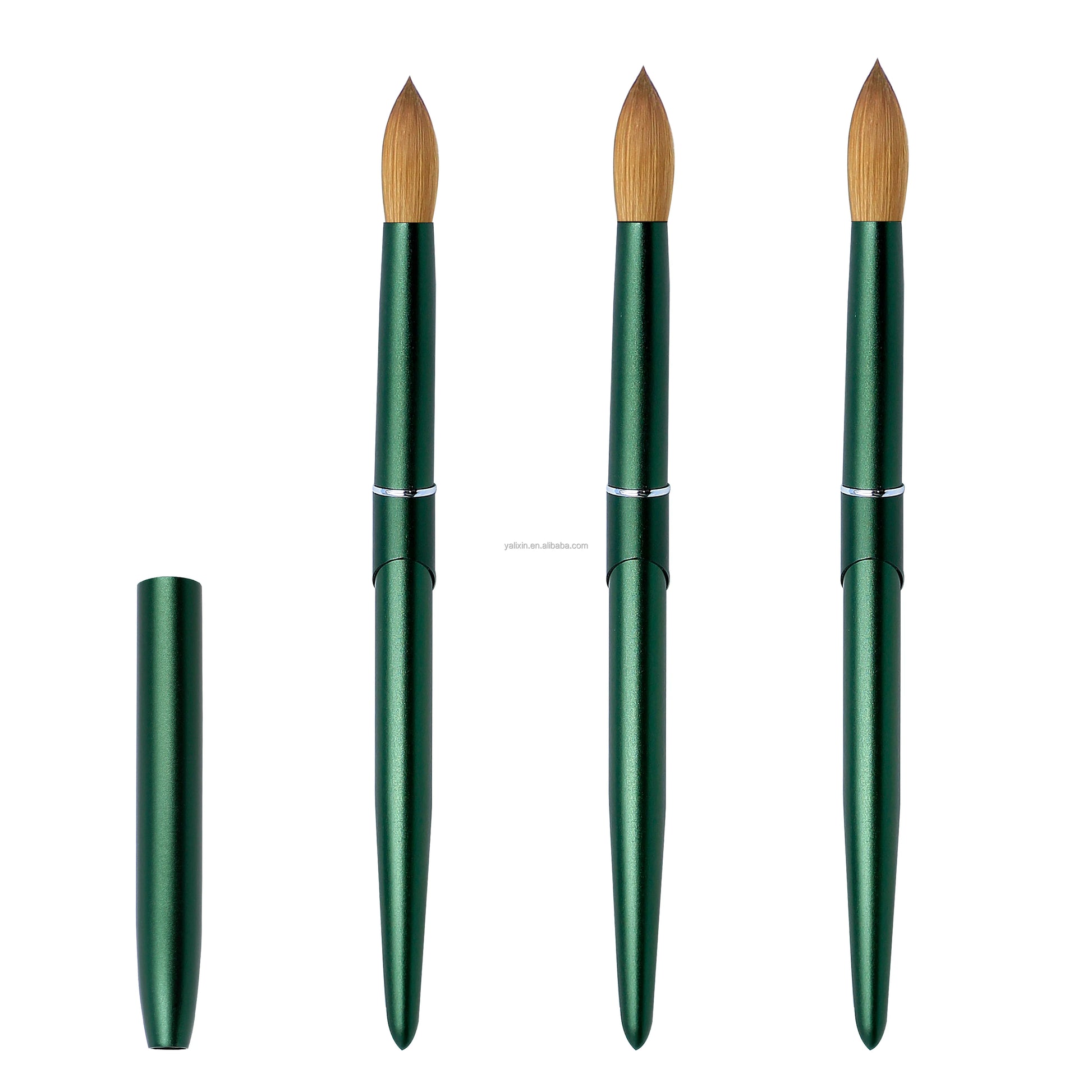 100% Pure Kolinsky Acrylic Nail Brush Custom Logo Matte Green Metal Handle round Crimped Head Nail Brushes for Acrylic Manicure