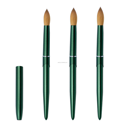 100% Pure Kolinsky Acrylic Nail Brush Custom Logo Matte Green Metal Handle round Crimped Head Nail Brushes for Acrylic Manicure