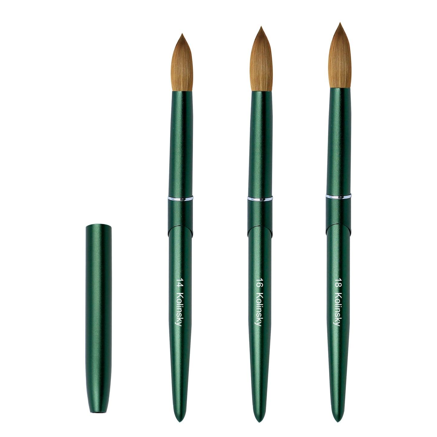 100% Pure Kolinsky Acrylic Nail Brush Custom Logo Matte Green Metal Handle round Crimped Head Nail Brushes for Acrylic Manicure