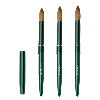 100% Pure Kolinsky Acrylic Nail Brush Custom Logo Matte Green Metal Handle round Crimped Head Nail Brushes for Acrylic Manicure