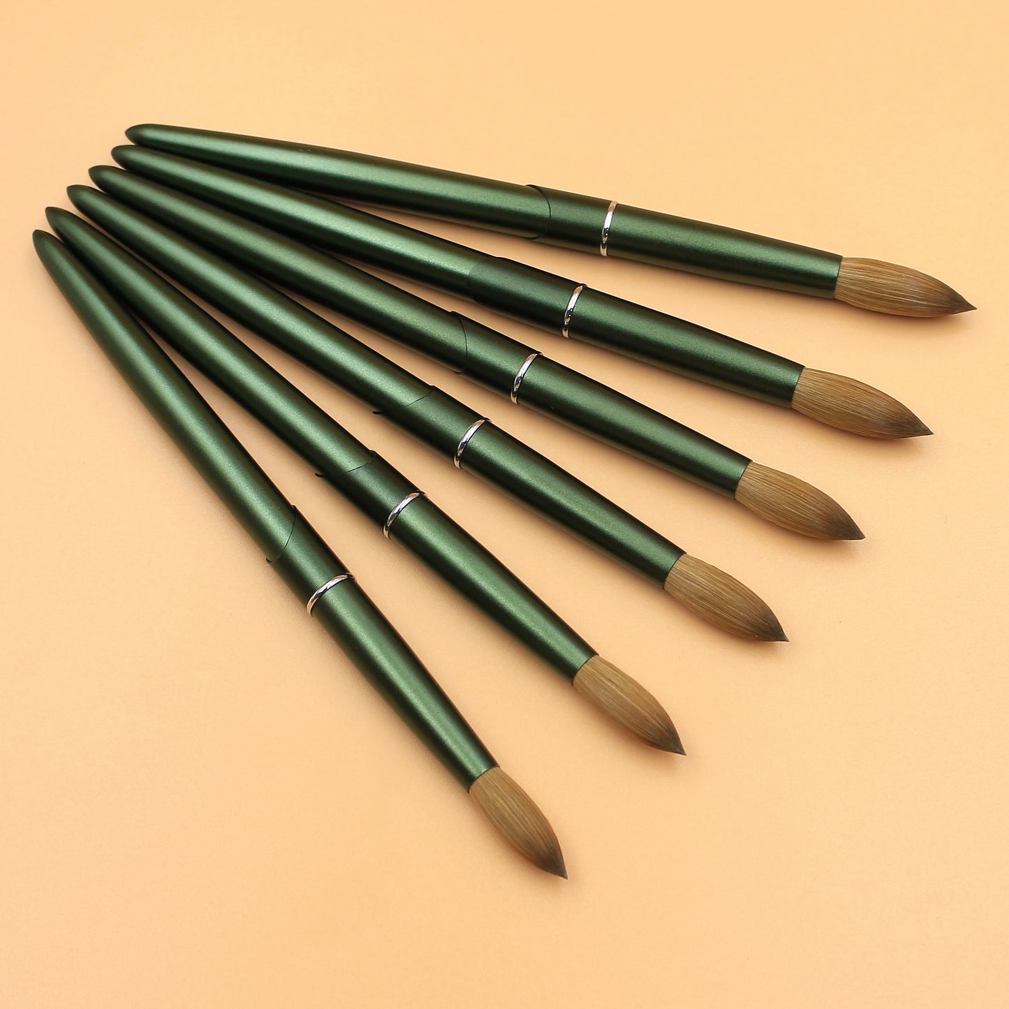 100% Pure Kolinsky Acrylic Nail Brush Custom Logo Matte Green Metal Handle round Crimped Head Nail Brushes for Acrylic Manicure
