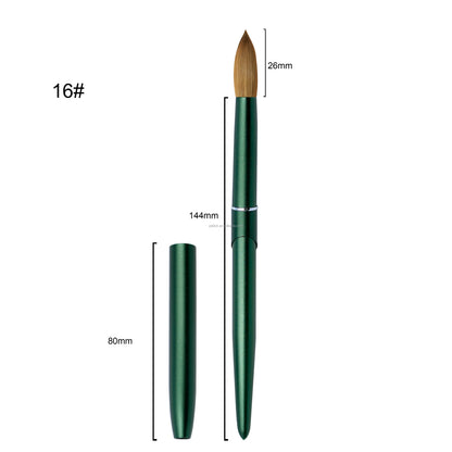 100% Pure Kolinsky Acrylic Nail Brush Custom Logo Matte Green Metal Handle round Crimped Head Nail Brushes for Acrylic Manicure